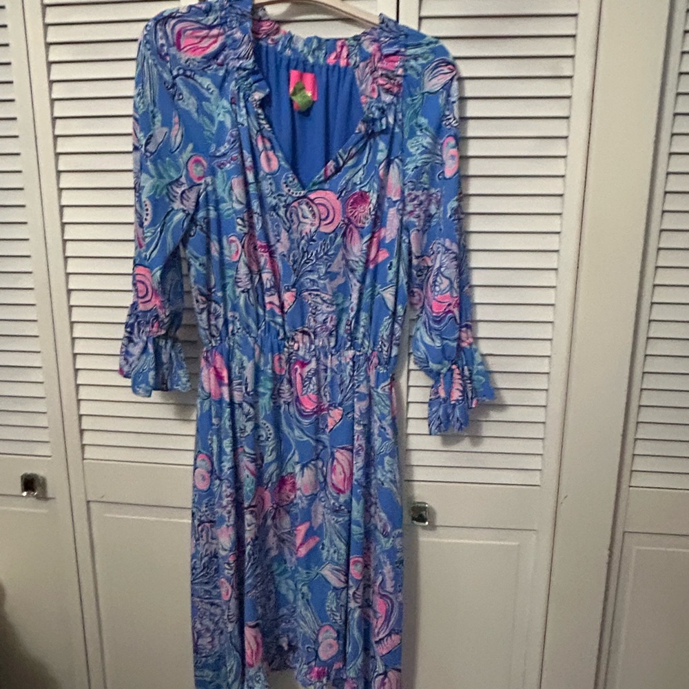 Lilly Pulitzer Blue Floral Long Sleeve Dress with Pink Accents
